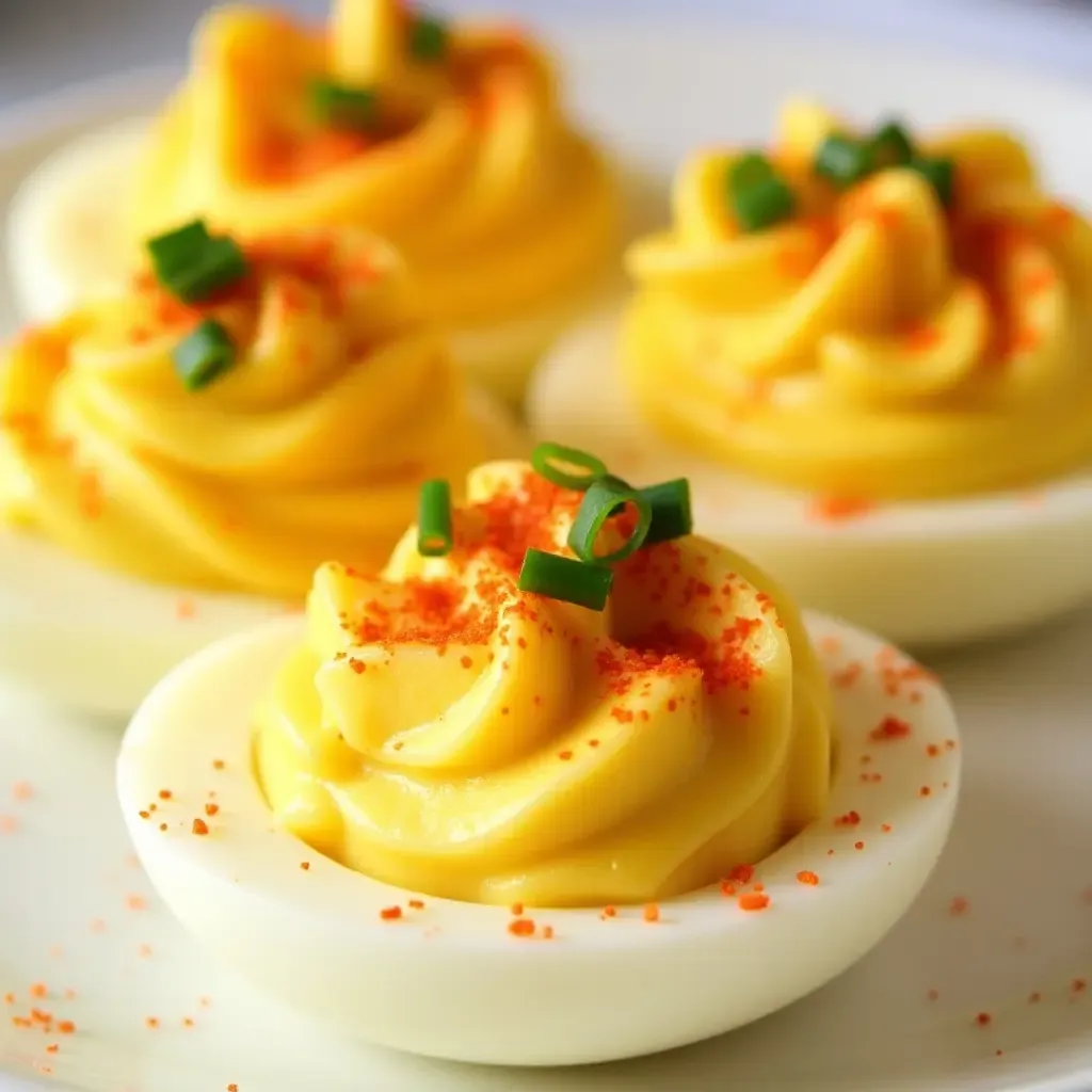 a photo of gochujang-infused deviled eggs with a sprinkle of paprika and chives on top.