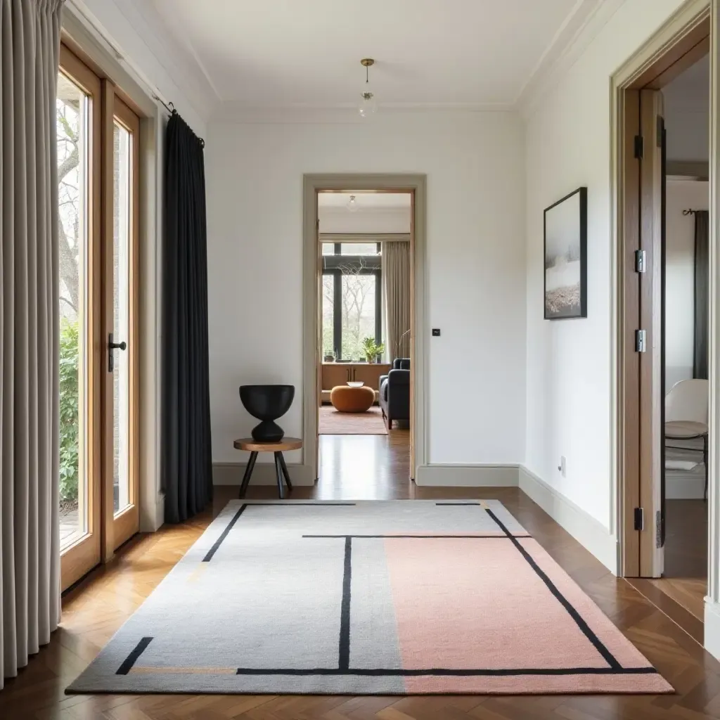 a photo of a bold graphic rug making a statement in an entrance hall