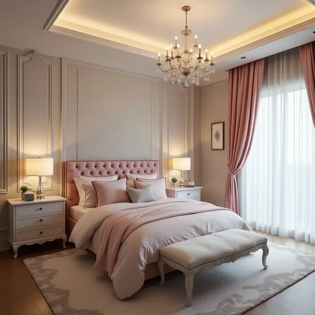 a photo of a glamorous teen bedroom featuring a stylish chandelier and elegant drapes