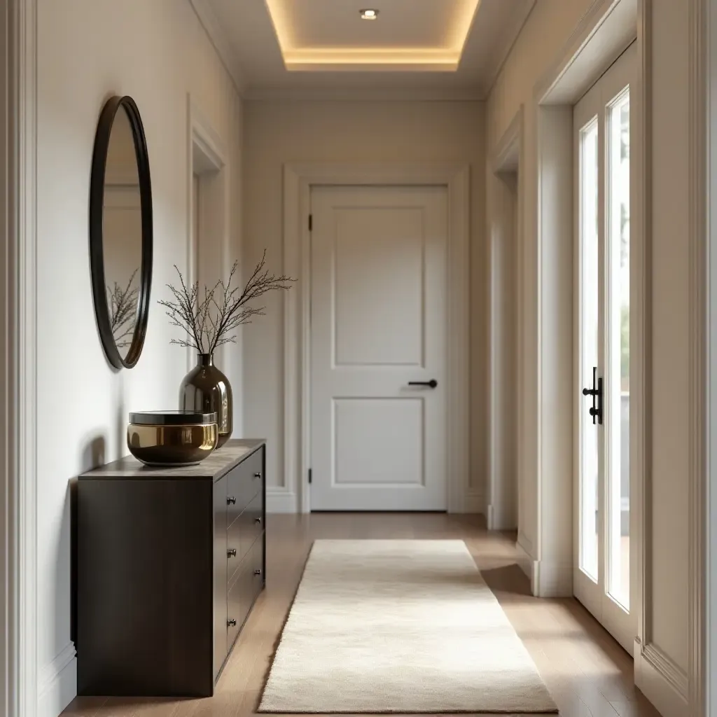 a photo of a sophisticated corridor with a side table and decorative boxes