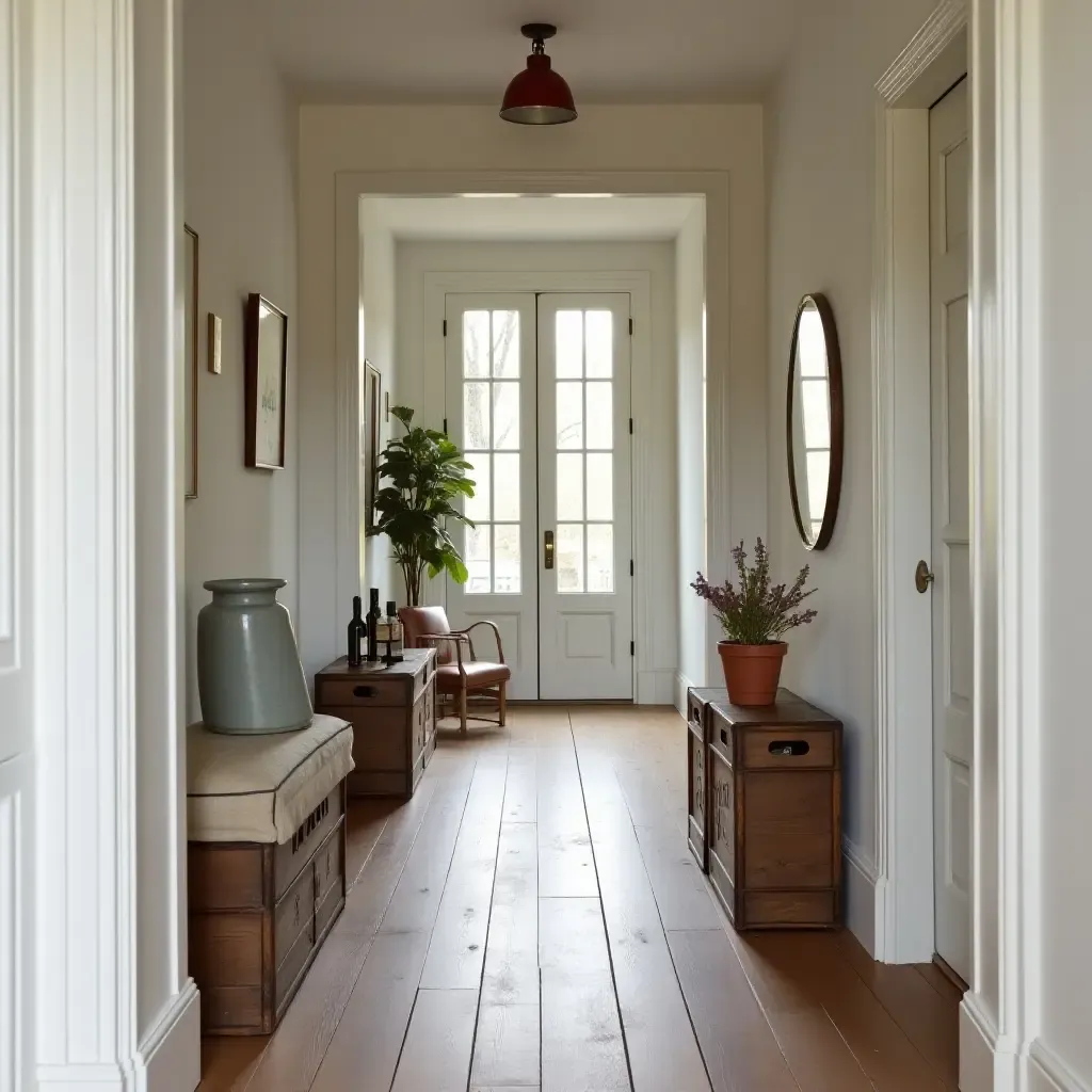 a photo of a chic corridor with vintage crates used for stylish storage