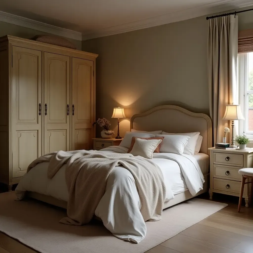 a photo of a cozy bedroom combining a vintage wardrobe with modern bedding