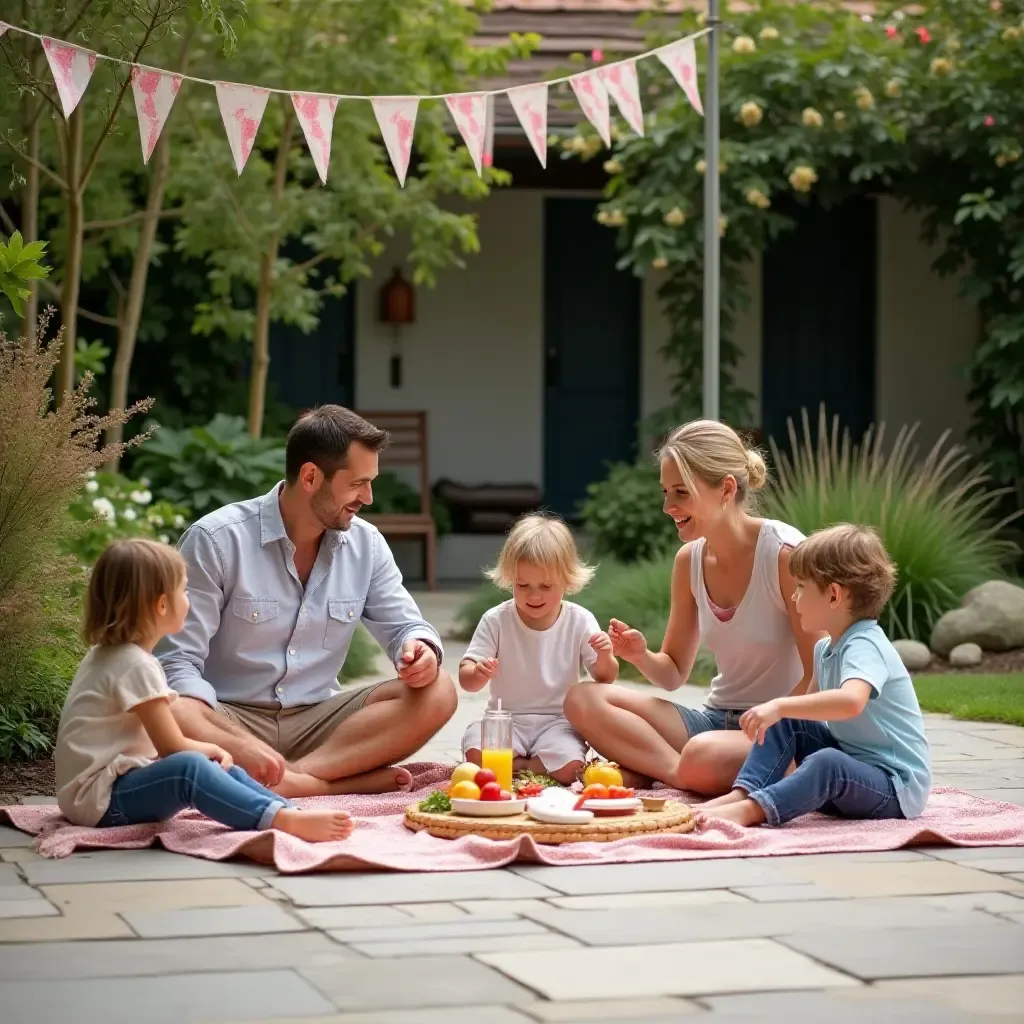 a photo of a family enjoying a picnic on a decorated concrete patio