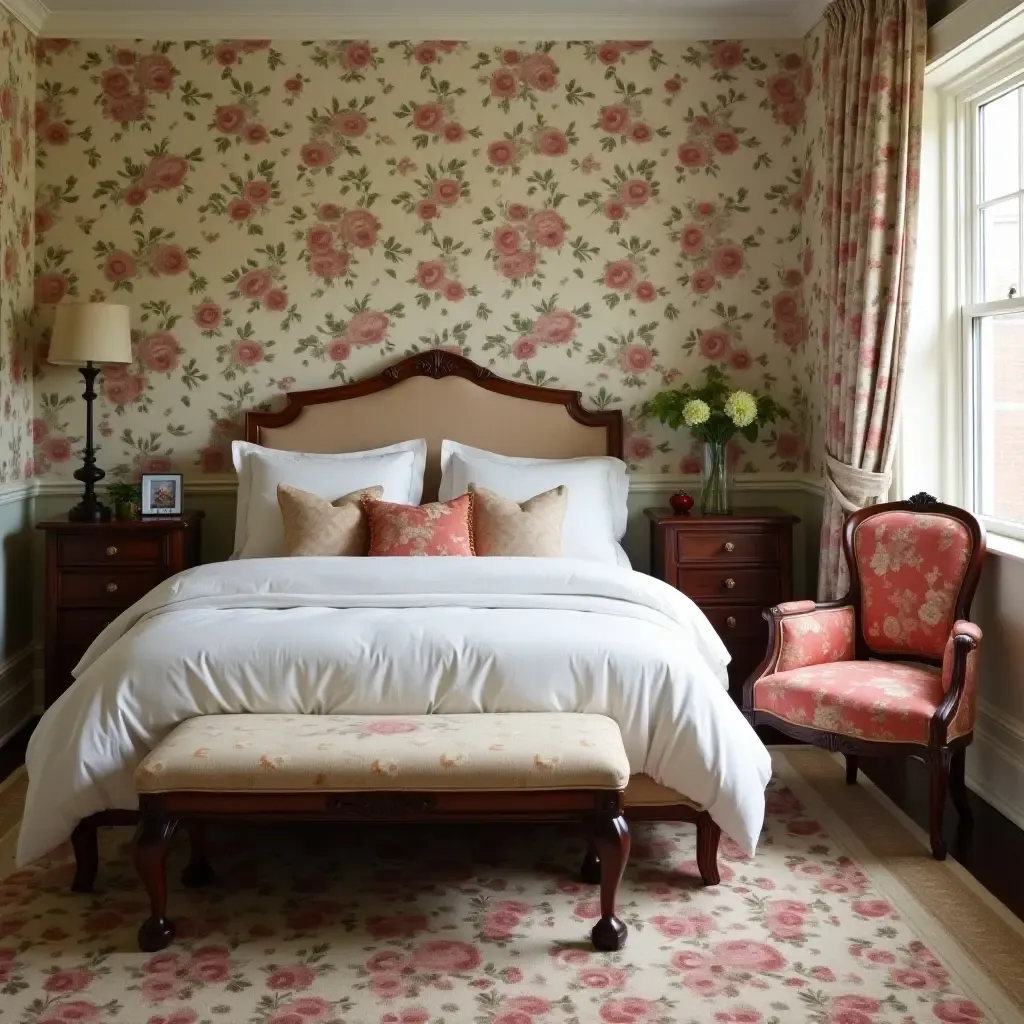 a photo of a cozy vintage bedroom with floral wallpaper and antique furniture