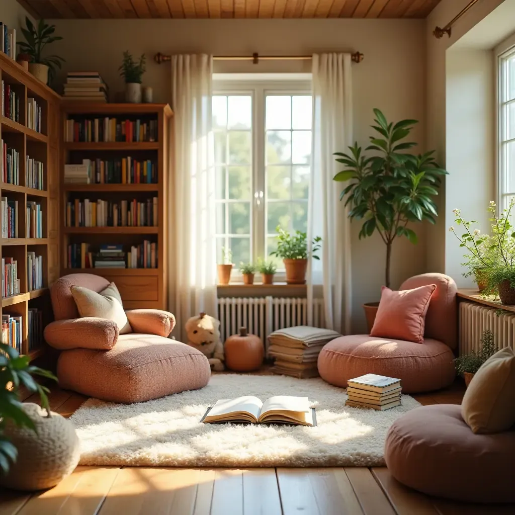 a photo of a reading nook with a soft rug and storybooks scattered