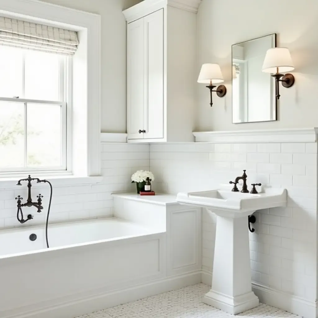 a photo of a classic bathroom with traditional subway tiles and antique fixtures