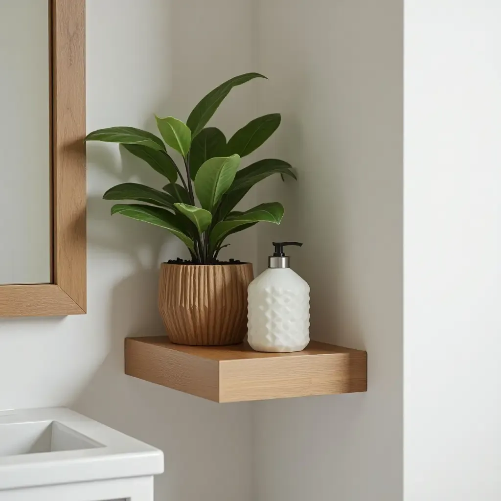 a photo of a wooden accent piece with greenery in a bathroom corner