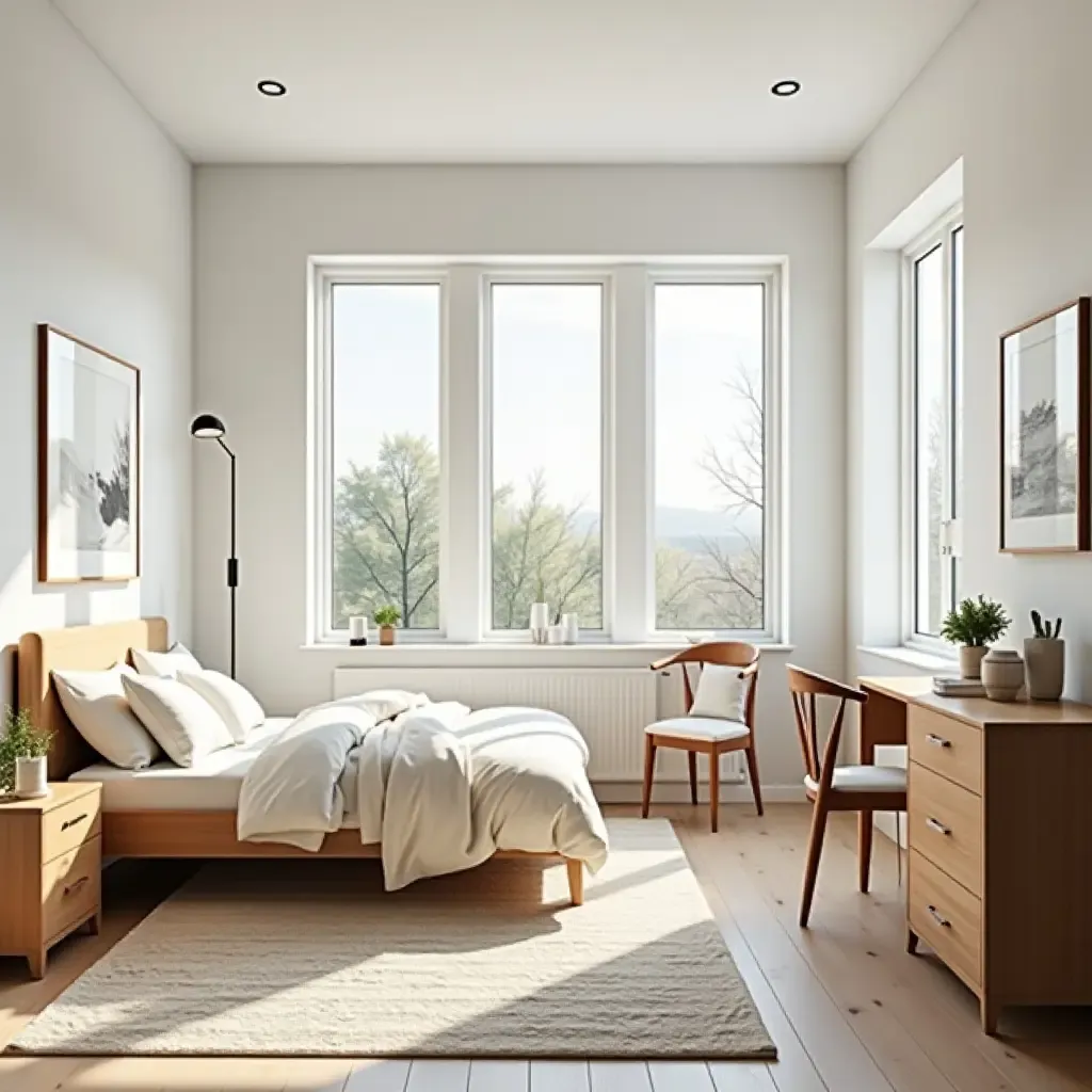 a photo of a bright and airy teen bedroom with large windows and simple furnishings