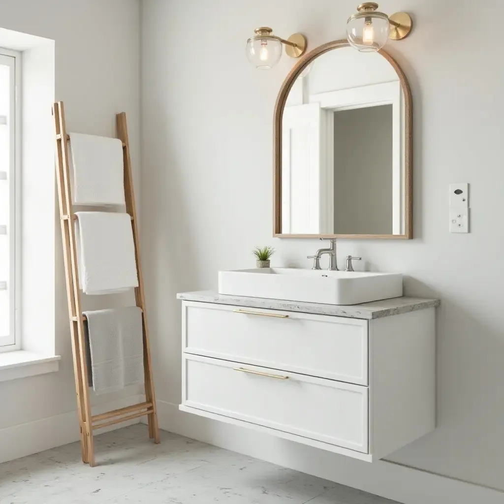 a photo of a bathroom with a creative towel ladder display