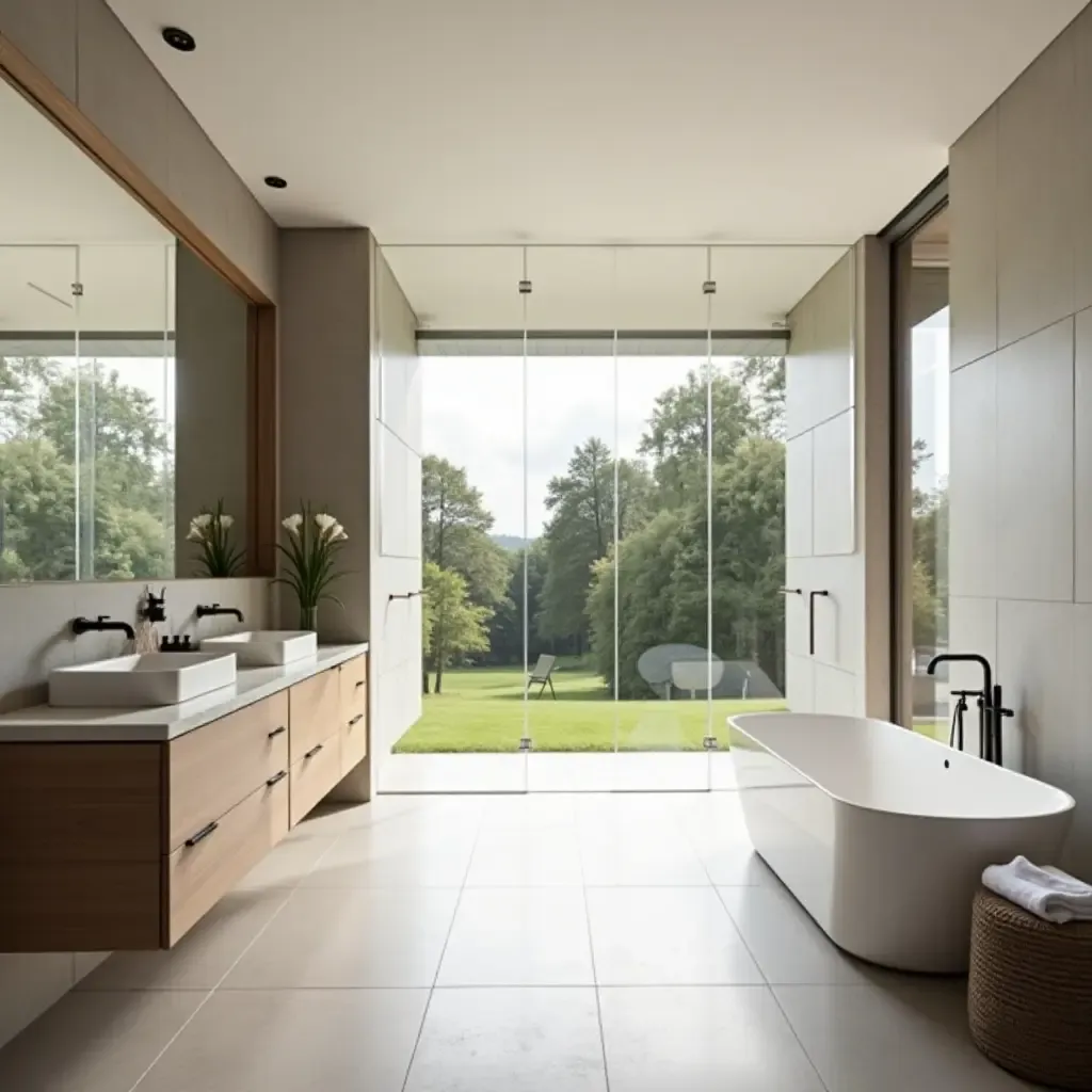 a photo of a bathroom with an open-plan layout and seamless outdoor connection