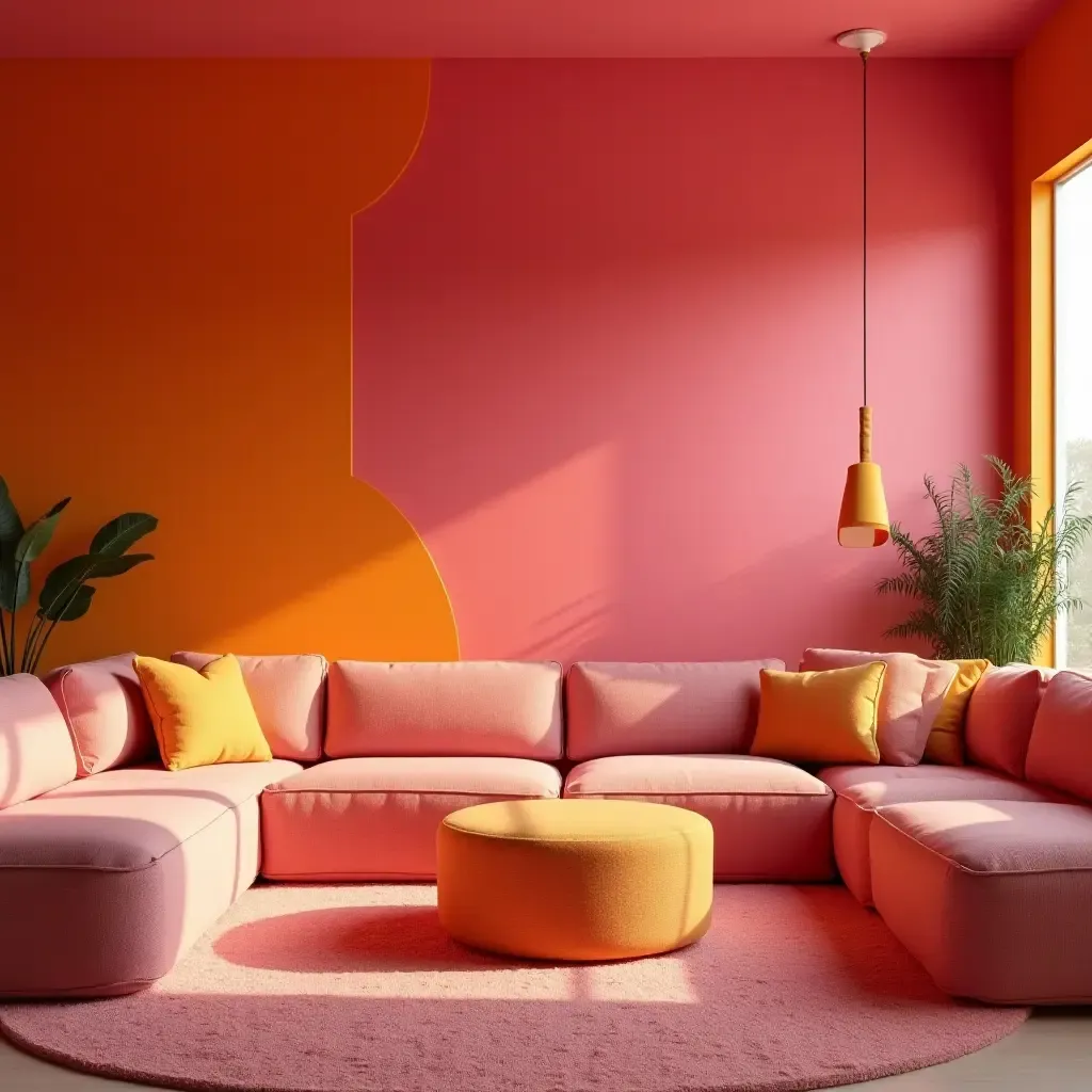 a photo of a fun living room with bright pink and orange