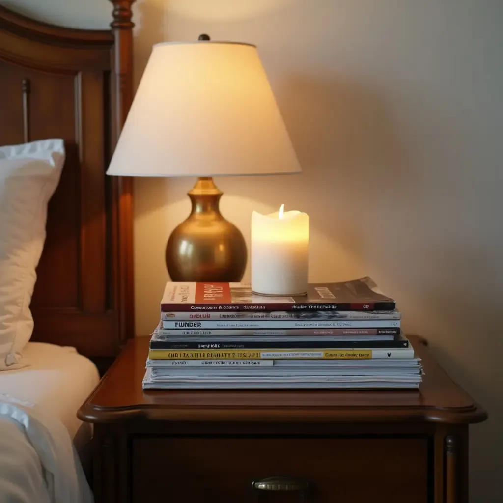 a photo of a nightstand with a stack of magazines and a candle