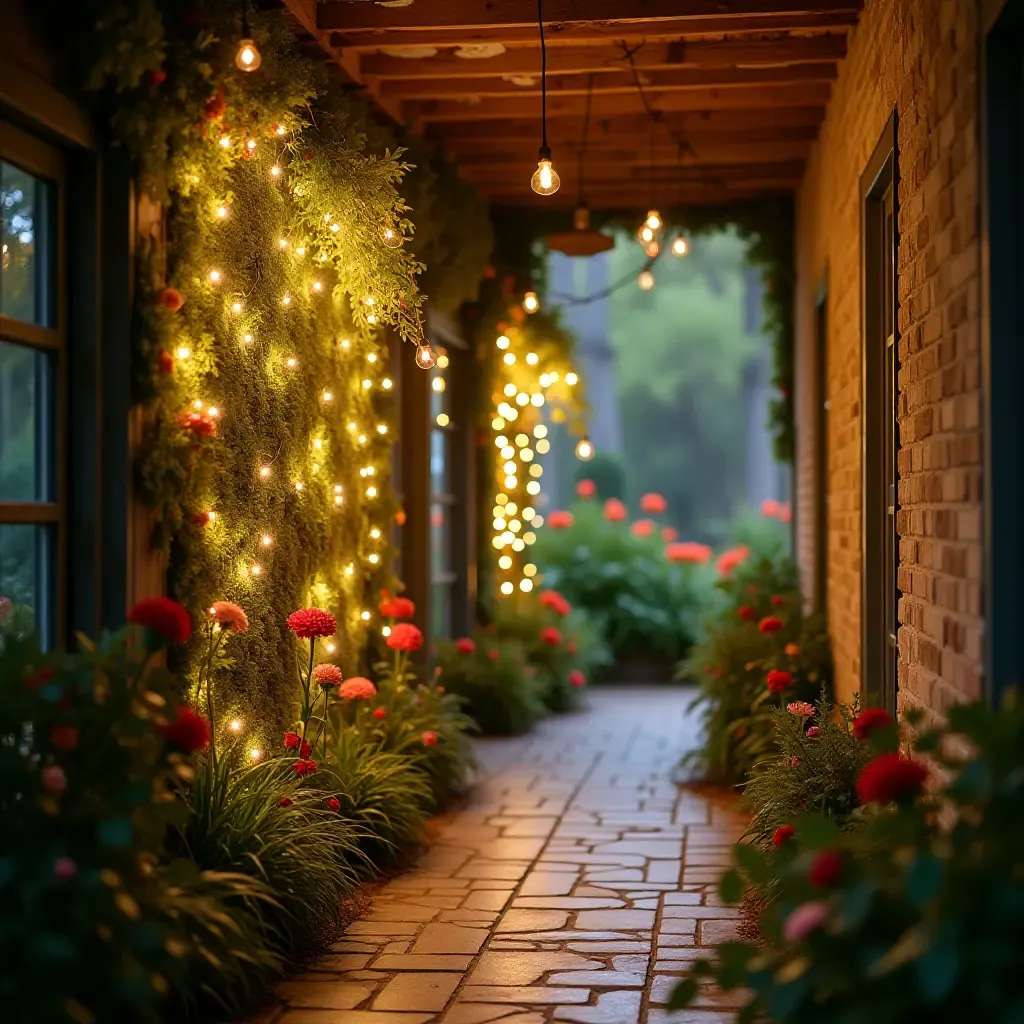 a photo of a whimsical garden wall with fairy lights and colorful flowers in a hallway