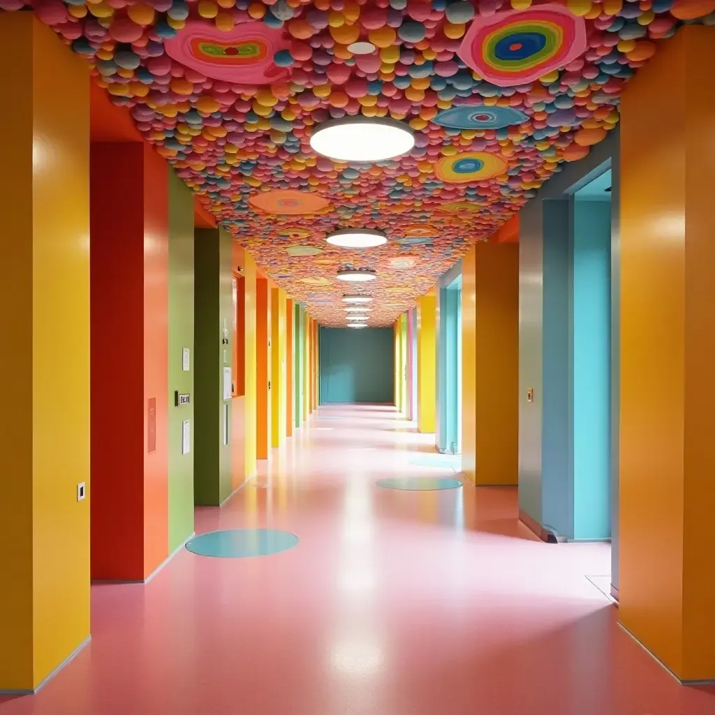 a photo of an entrance hall featuring a fun interactive art installation and bright colors