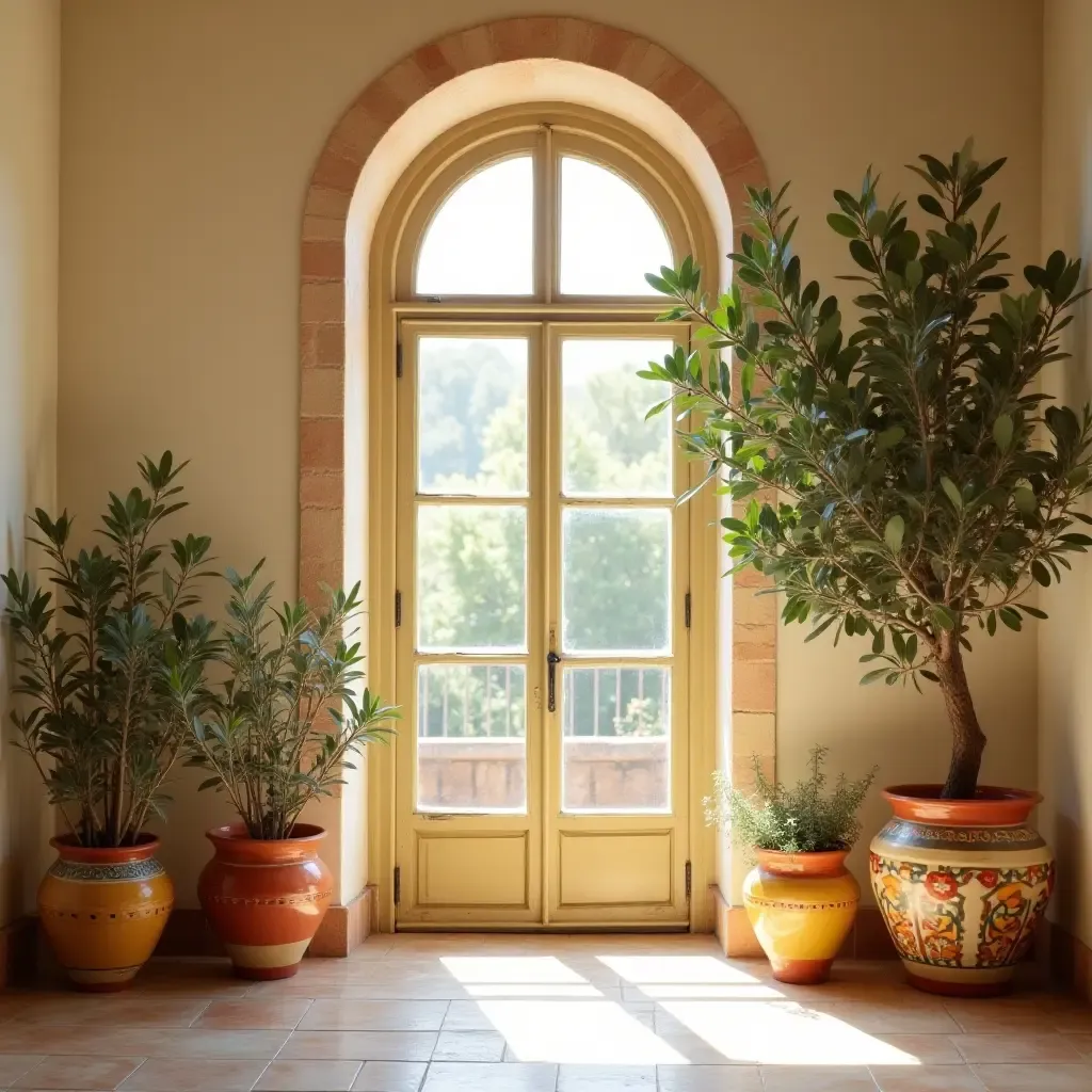 a photo of a sunlit room with potted olive trees and colorful ceramics