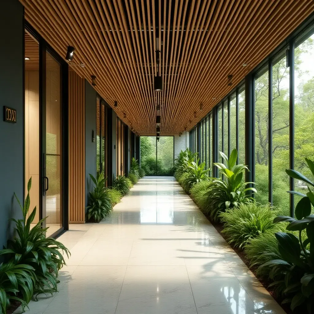 a photo of a modern corridor with biophilic design elements and vibrant greenery