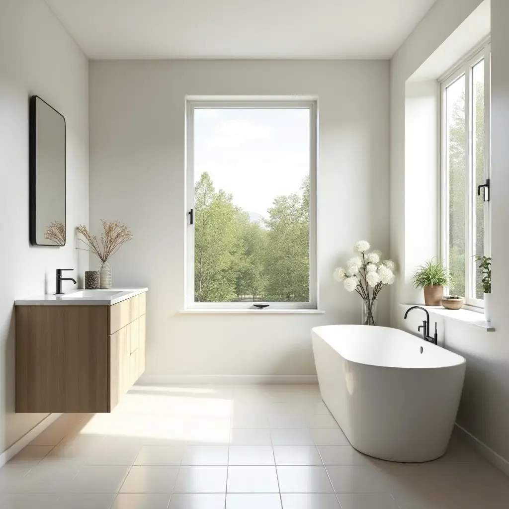 a photo of a bright bathroom layout with large windows and natural light