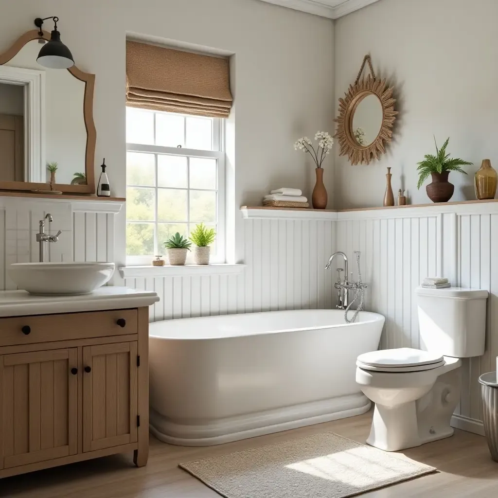 a photo of a charming bathroom with wooden accents and farmhouse decor