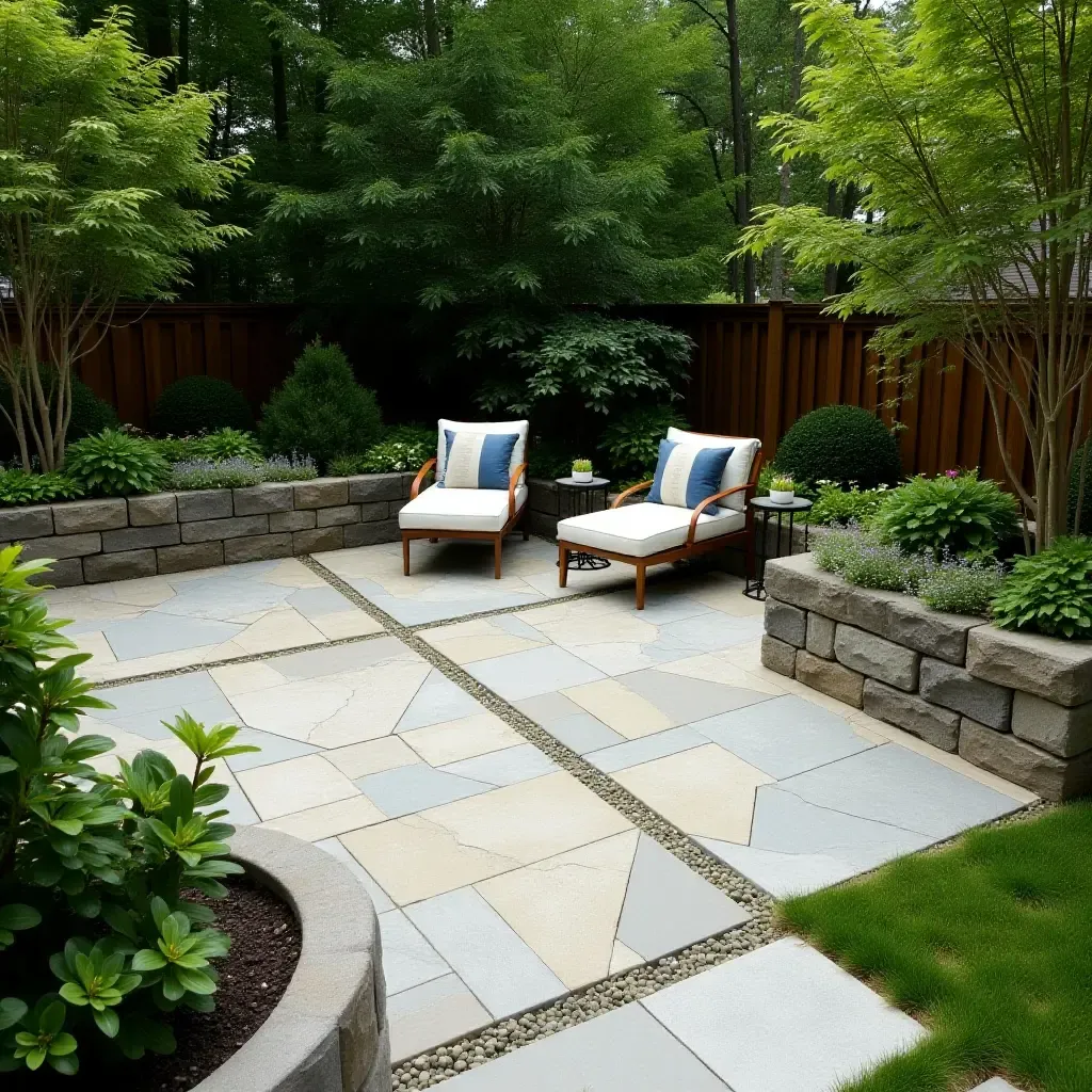 a photo of a unique geometric concrete patio design surrounded by lush greenery