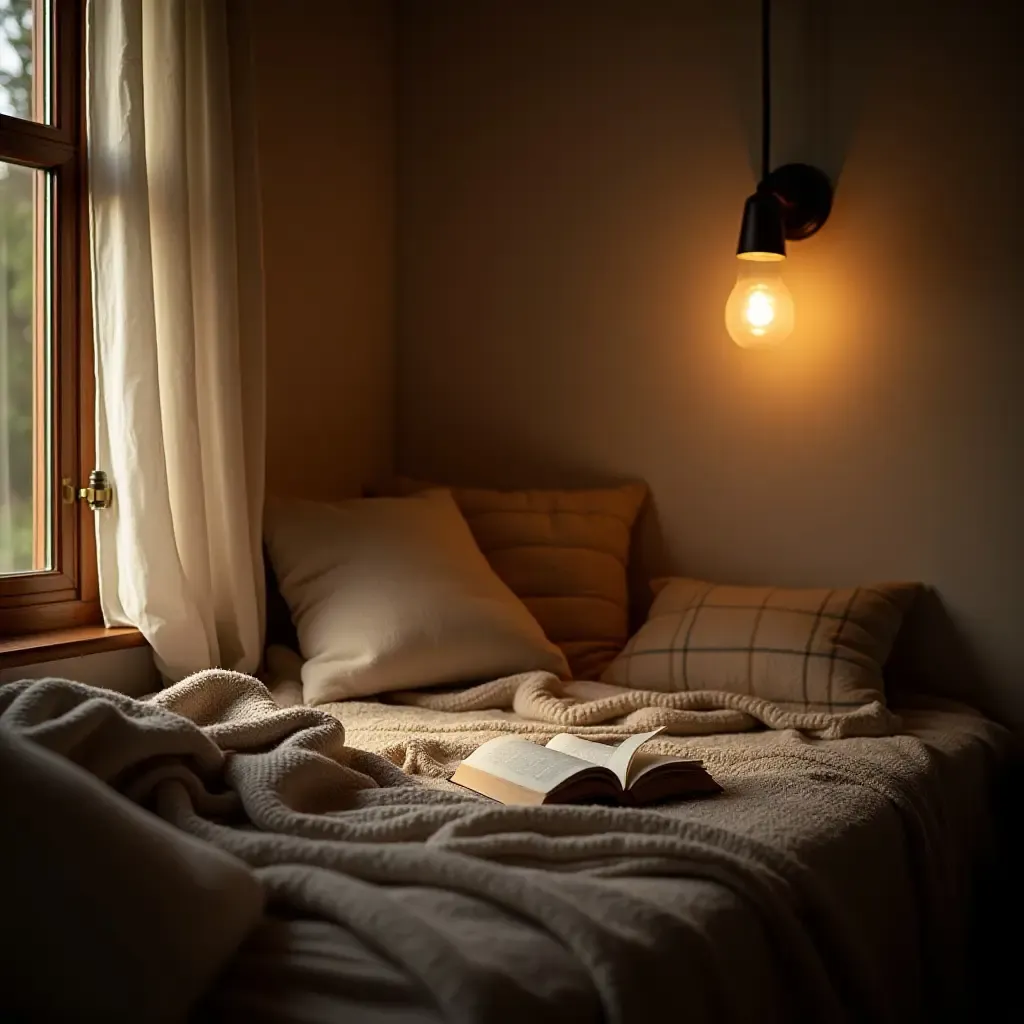 a photo of a reading space with a warm blanket and farmhouse lighting