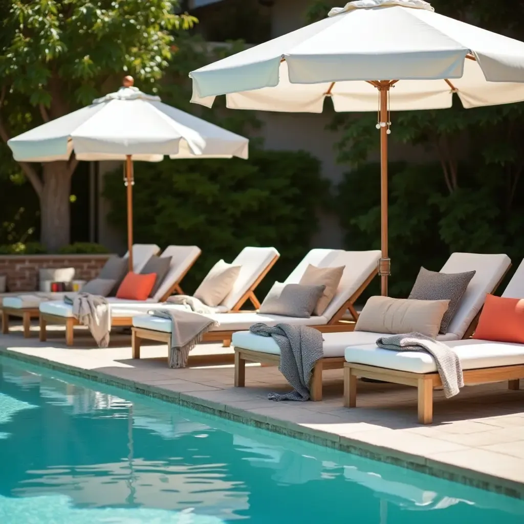 a photo of throw pillows in matching colors with poolside umbrellas