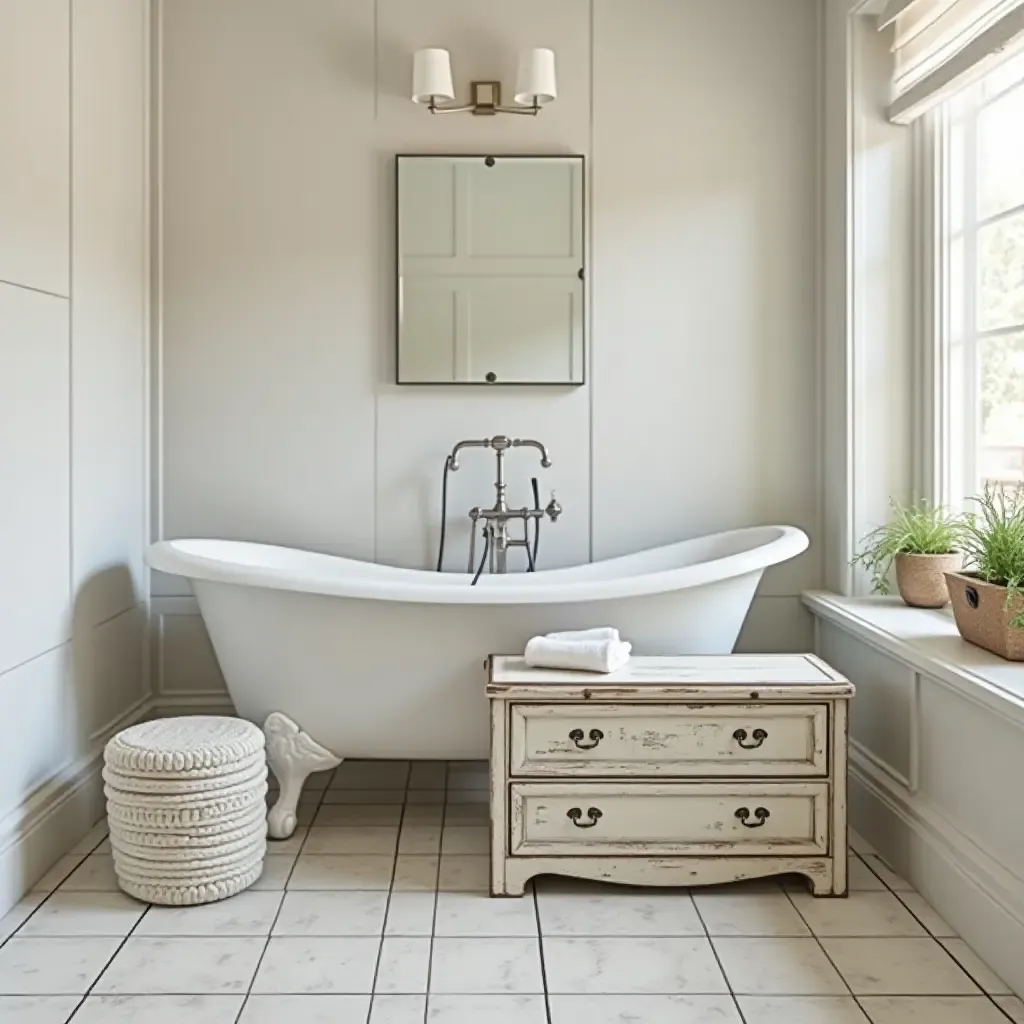 a photo of a vintage bathroom with decorative boxes for organization