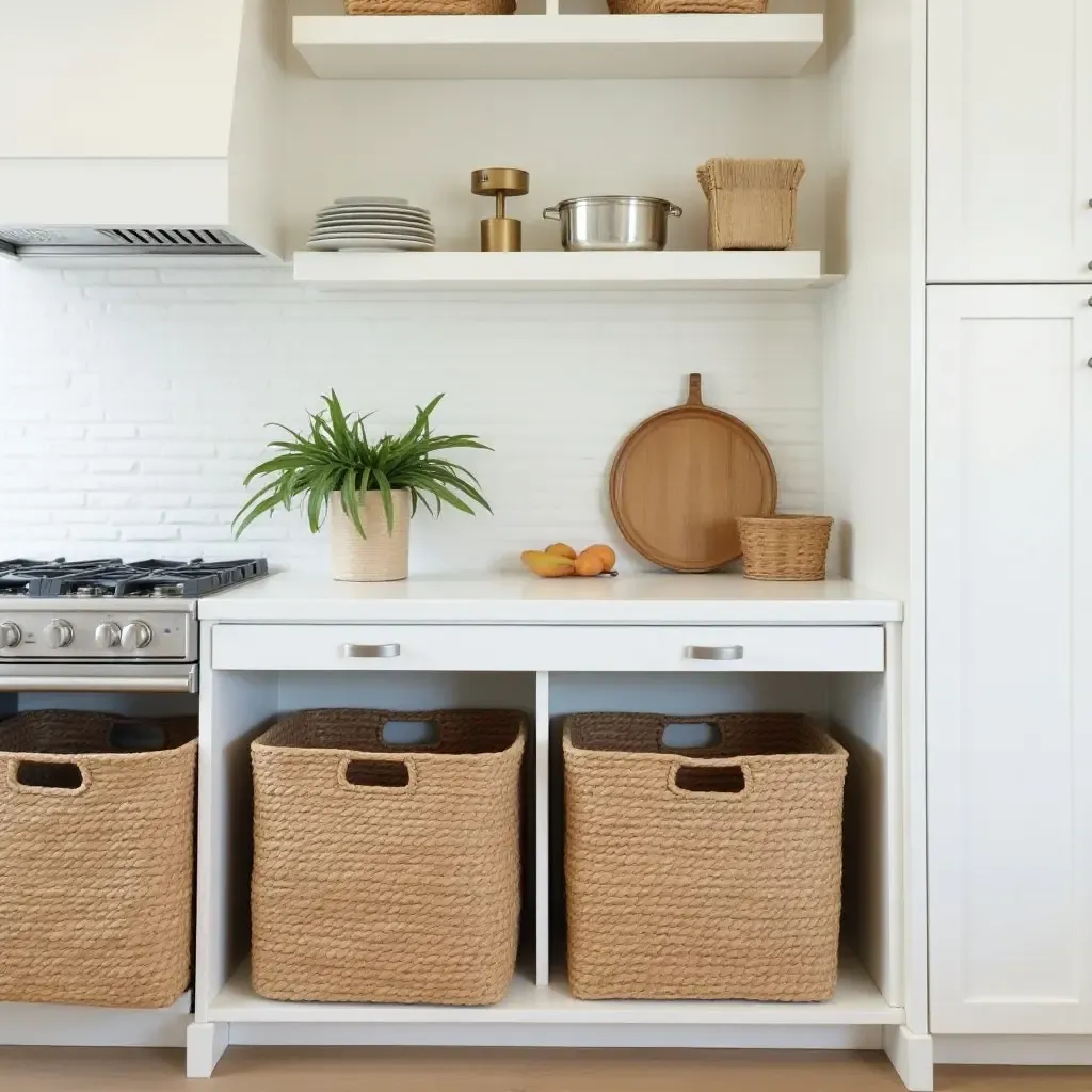 a photo of a kitchen with woven baskets for storage