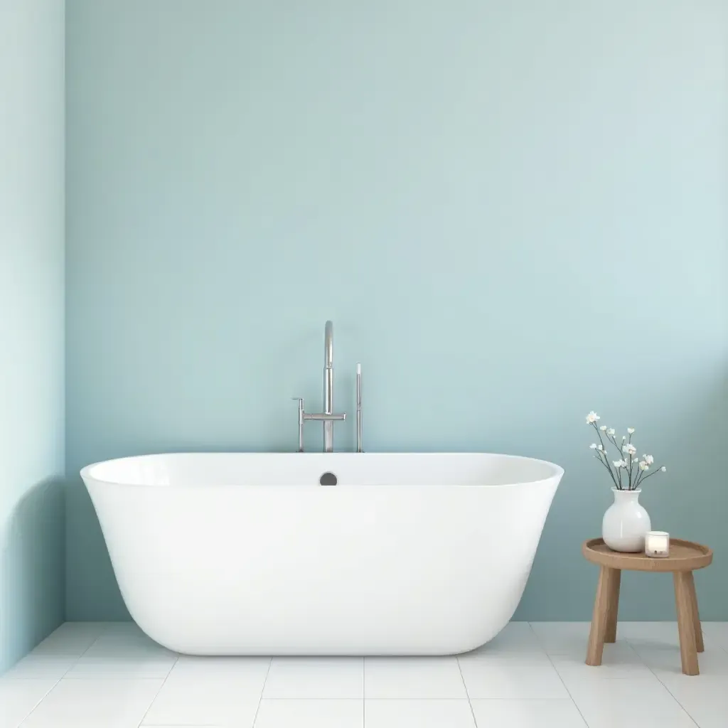 a photo of a serene white and pale blue bathroom with calming elements