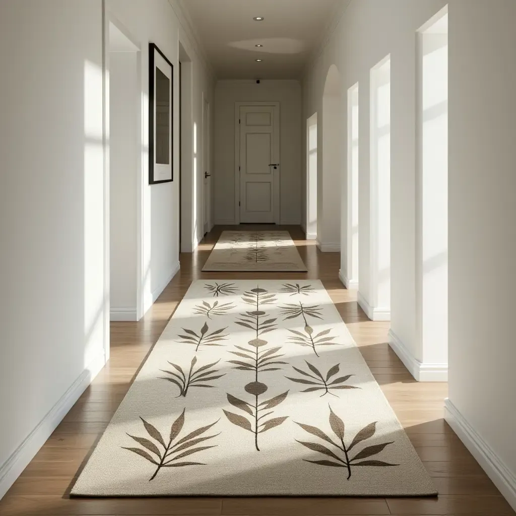 a photo of a nature-inspired rug featuring leaf patterns in a corridor