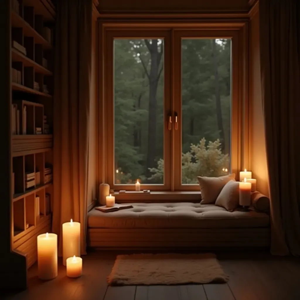 a photo of a reading nook with a serene ambiance and candles