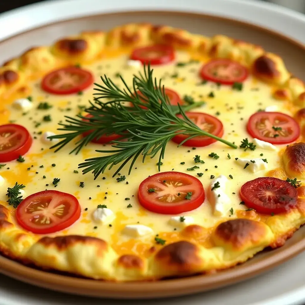 a photo of a Greek-style omelette with feta cheese, tomatoes, and herbs, garnished with fresh dill.