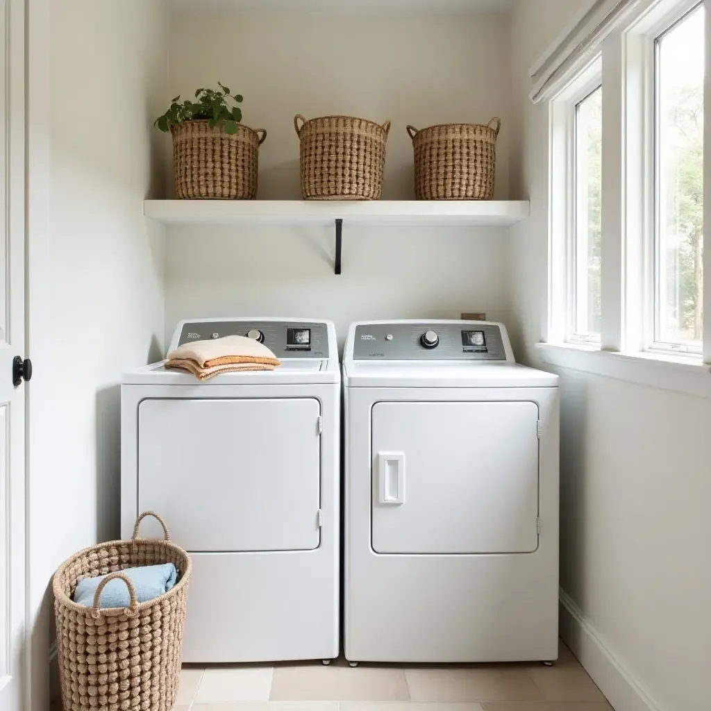 a photo of a laundry room with decorative baskets for storing supplies