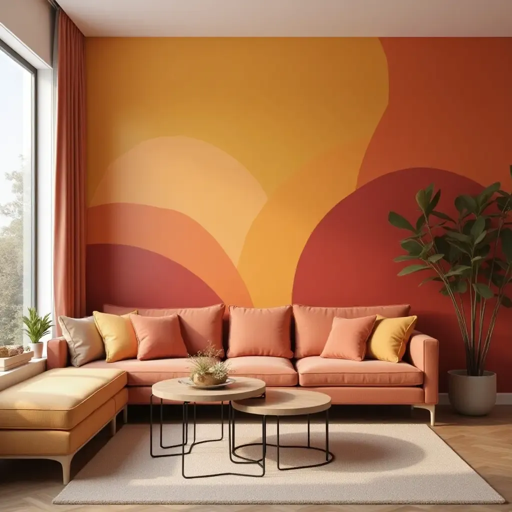 a photo of a vibrant living room showcasing an ombre accent wall in warm tones