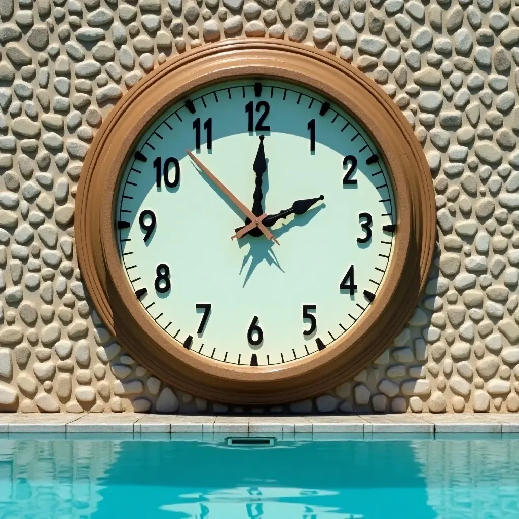 a photo of a large, vintage clock on a poolside wall