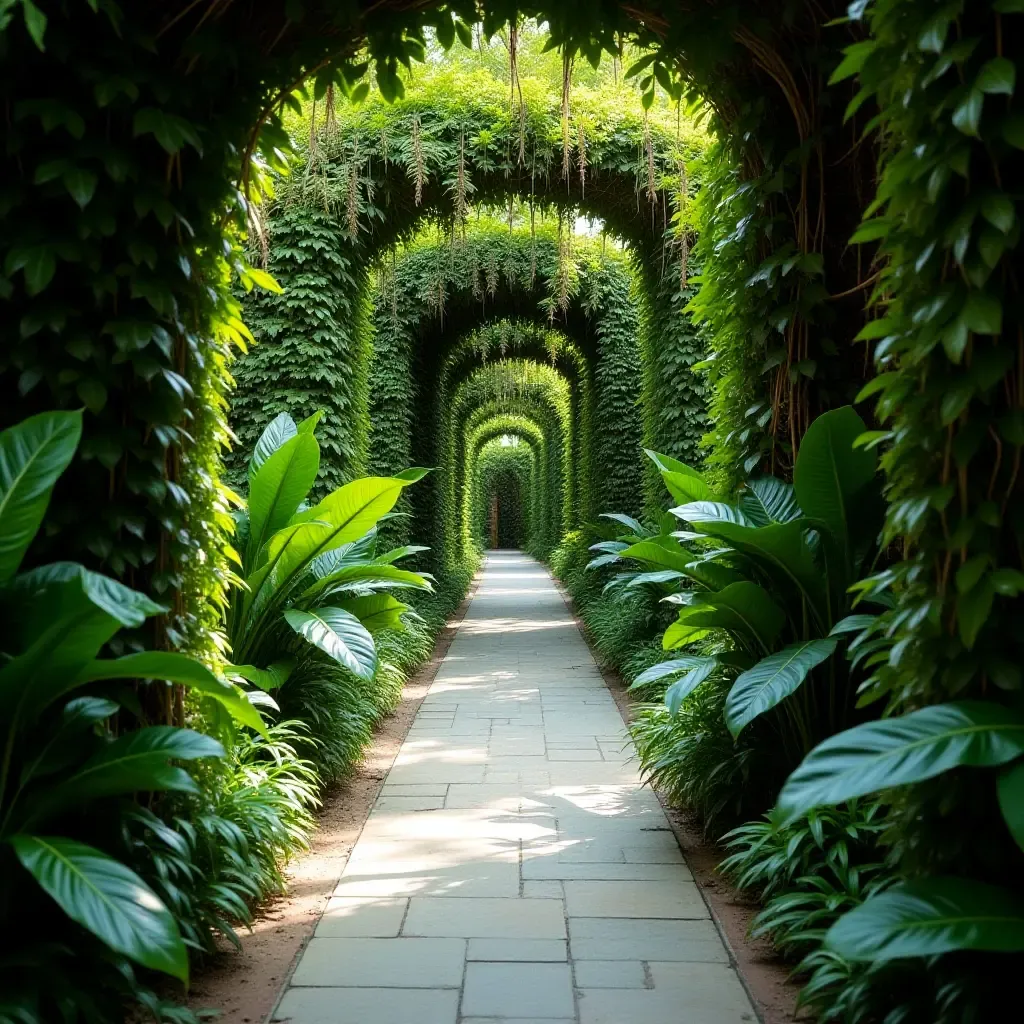 a photo of a vibrant corridor with a living wall of tropical plants