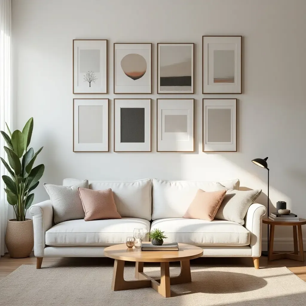 a photo of a chic living room with a gallery wall and cozy seating