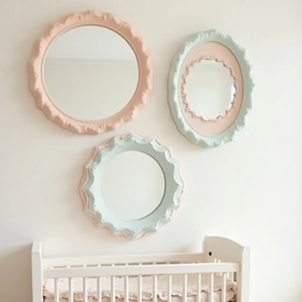 a photo of a nursery with mirrors framed in pastel colors