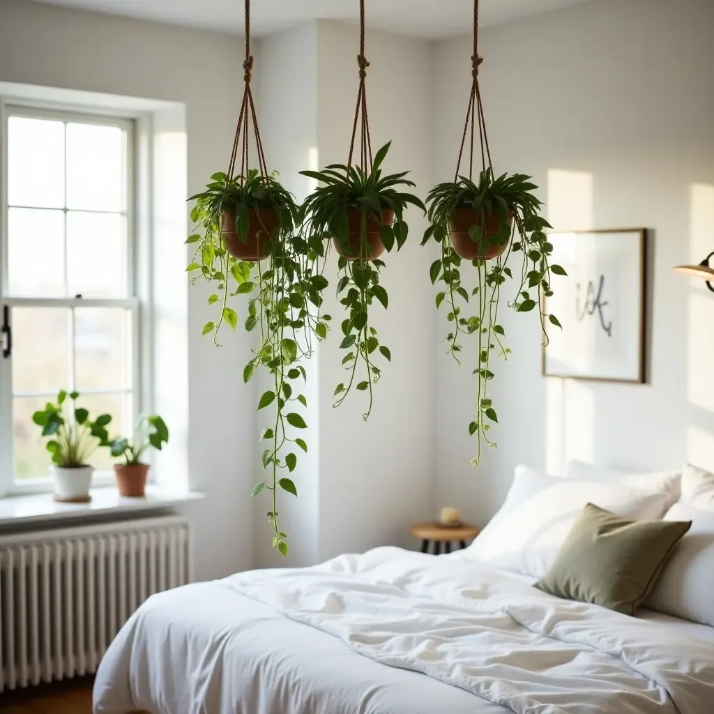 a photo of hanging plants cascading from ceiling hooks in a cozy bedroom