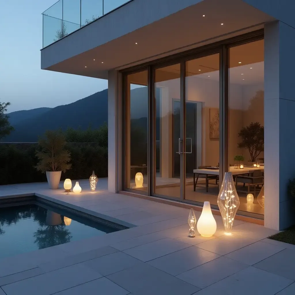 a photo of a balcony adorned with minimalist sculptures and ambient lighting