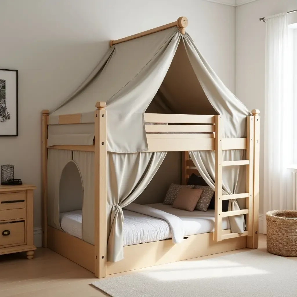 a photo of a playful tent-style bunk bed for adventurous kids