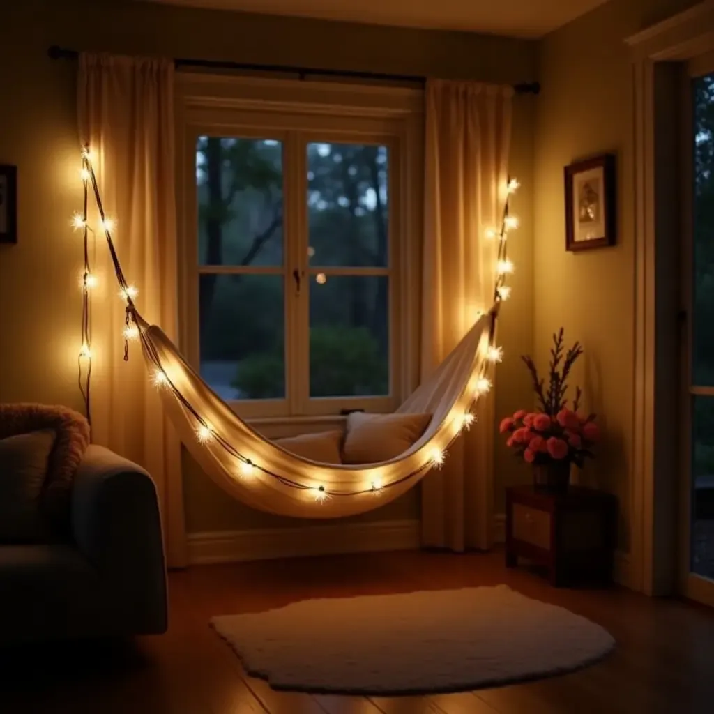 a photo of a cozy corner with a hammock and fairy lights