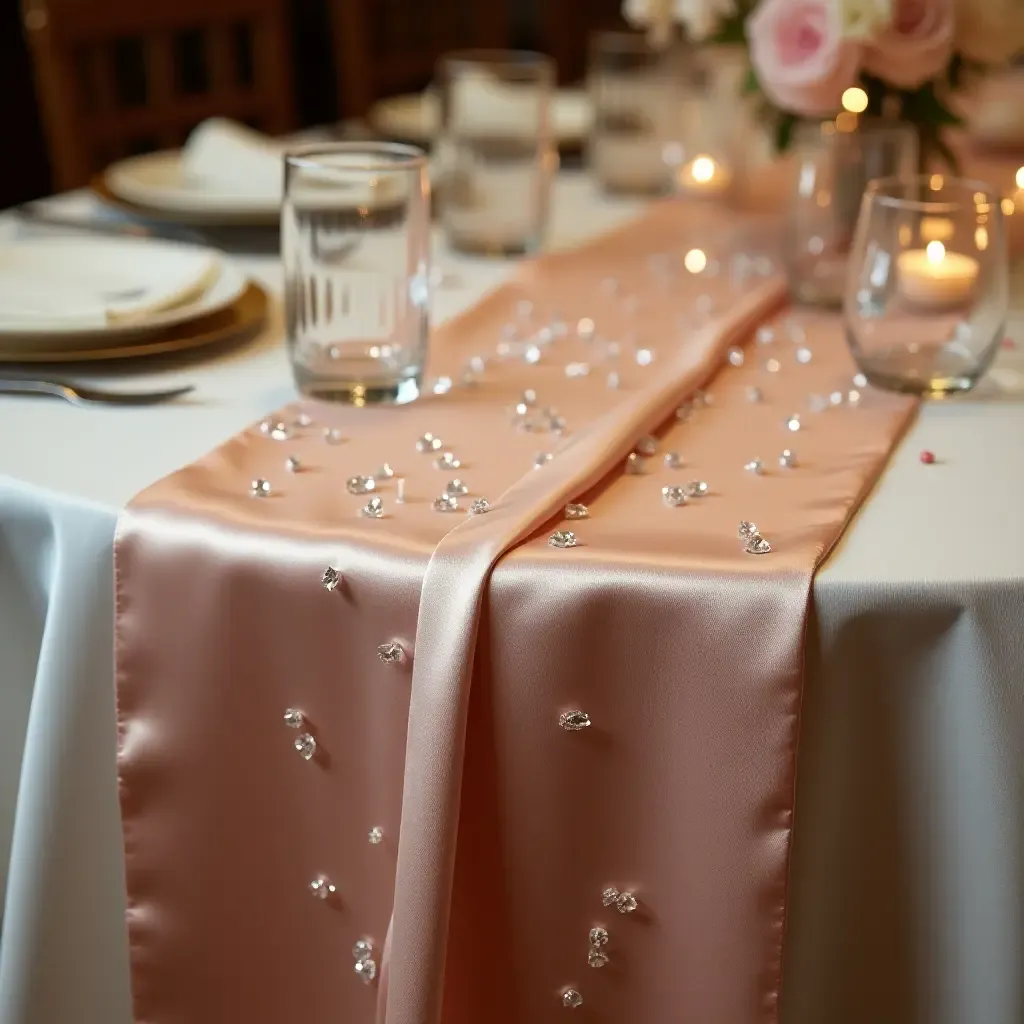 a photo of a luxurious silk table runner with scattered crystals