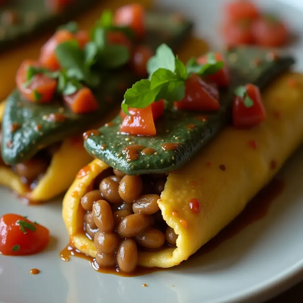 a photo of homemade tlacoyos, blue corn masa filled with beans, topped with nopales and salsa.