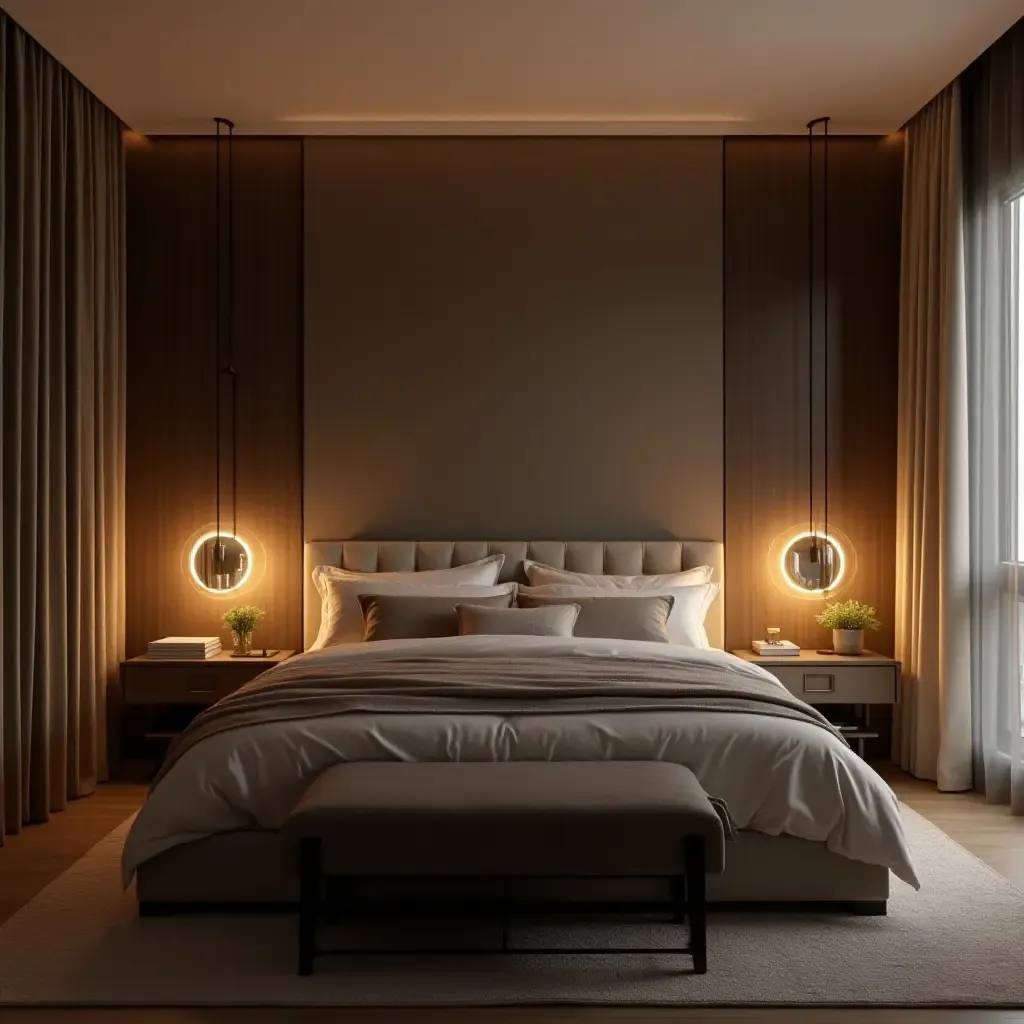 a photo of a bedroom with a chic, modern aesthetic and mood lighting