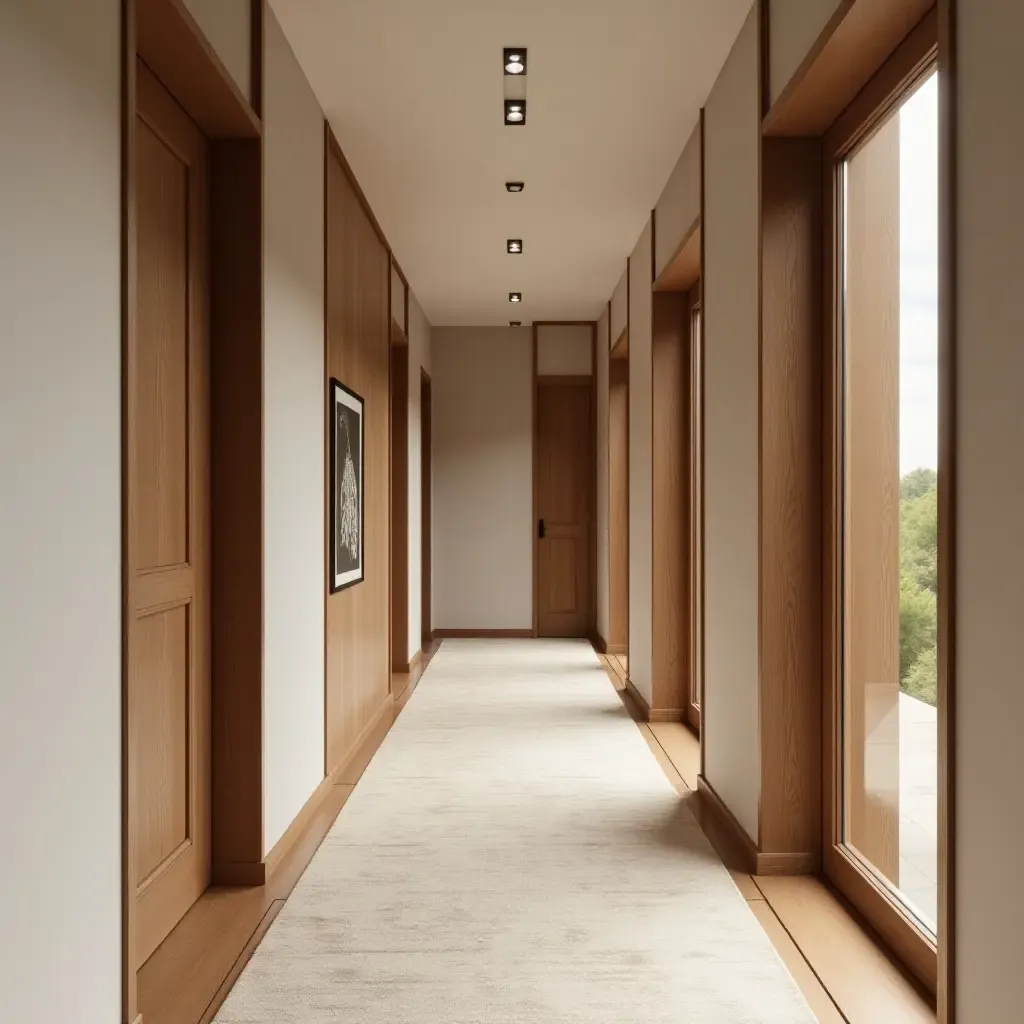 a photo of a corridor with wooden accents and soft textiles