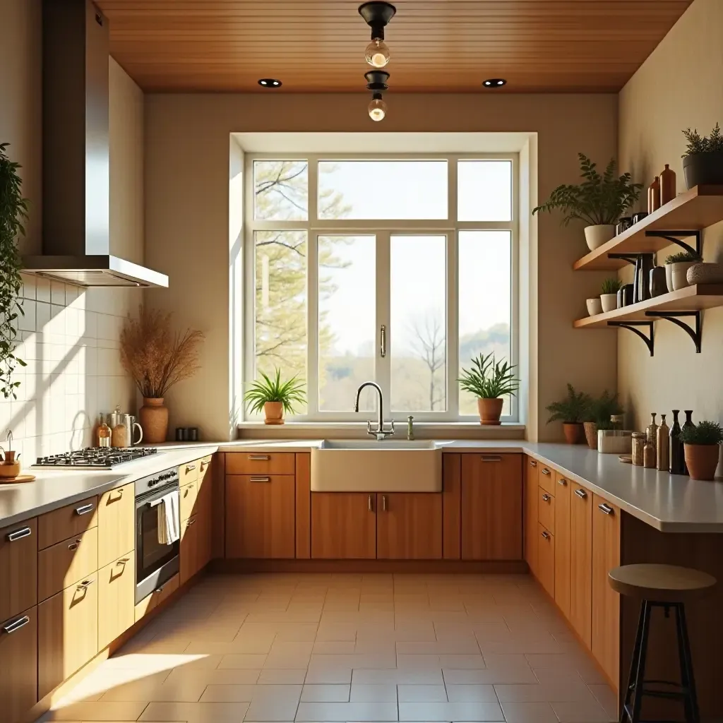 a photo of a warm kitchen with a large window and inviting decor