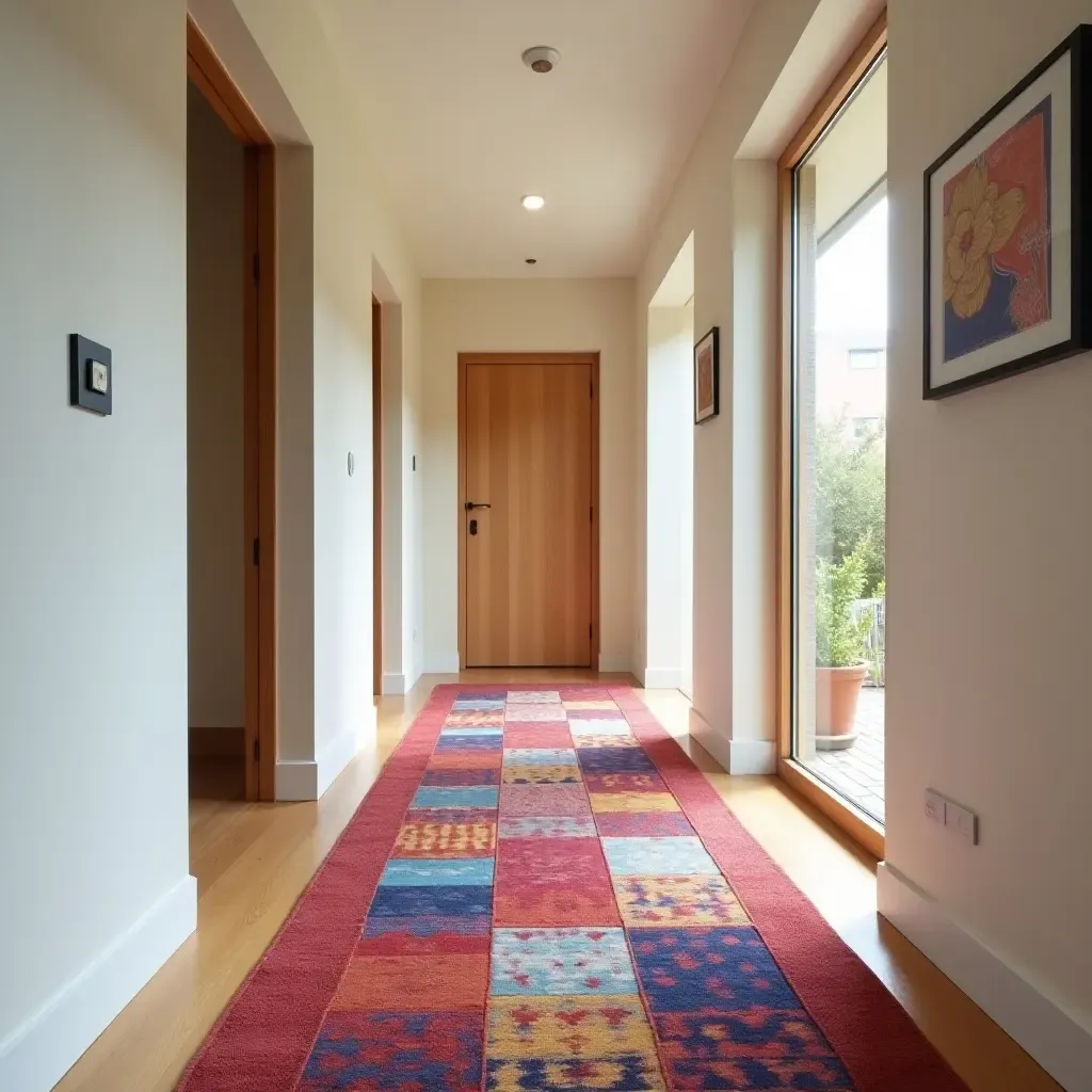 a photo of a colorful patchwork rug adding character to a corridor