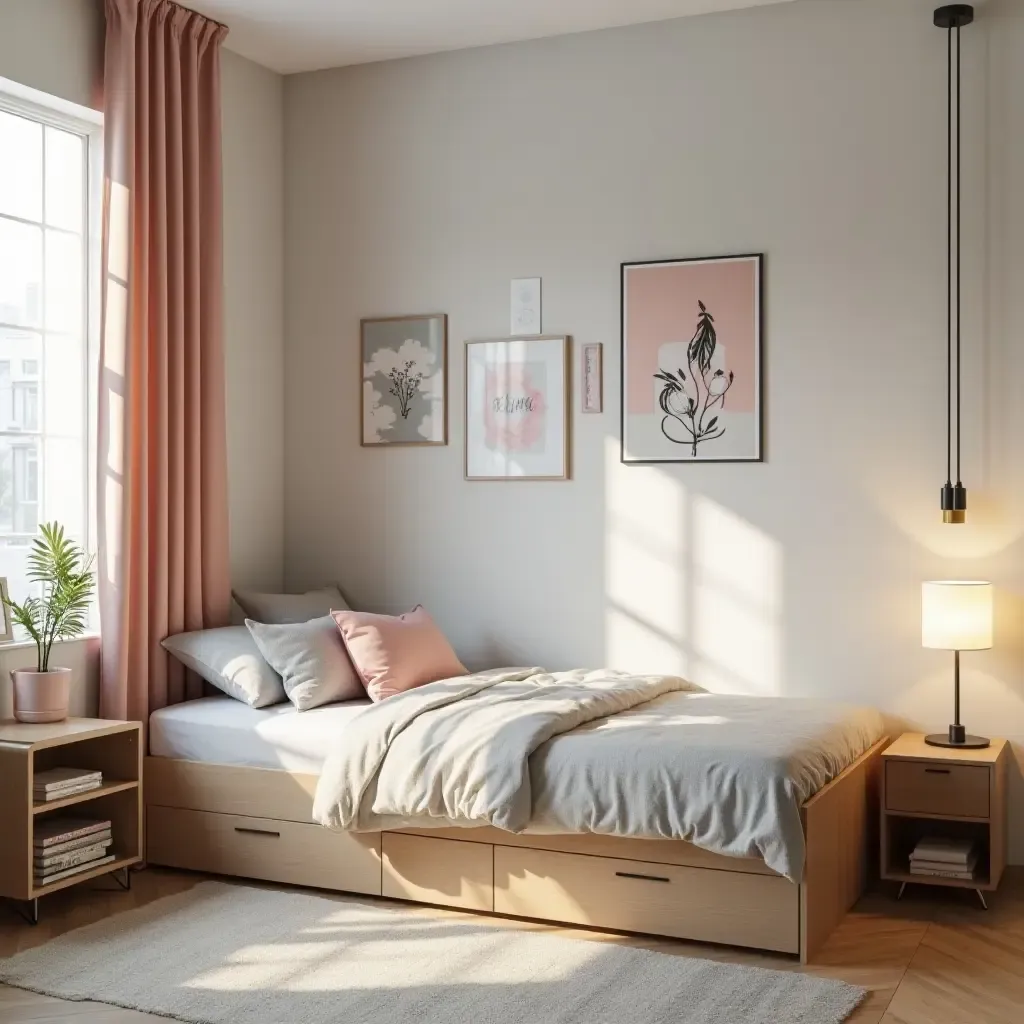 a photo of a modern teen bedroom with a tidy bed and artistic wall features