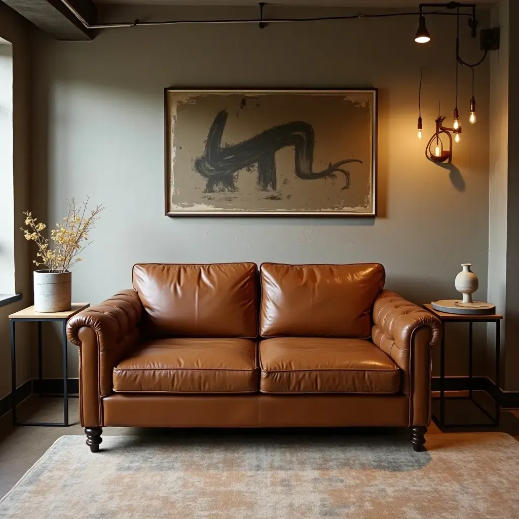 a photo of a vintage leather couch paired with metal side tables in a basement