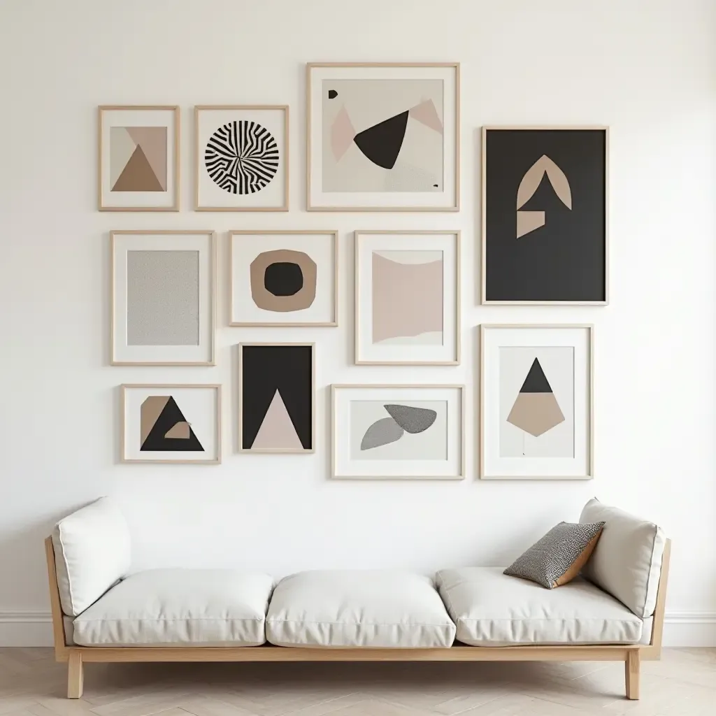 a photo of a gallery wall with a mix of geometric patterns and shapes